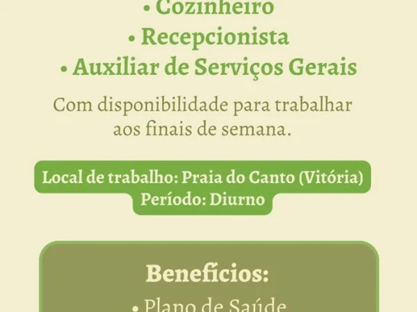 Grupo Salsa contrata Recepcionista, Ajudante de Cozinha, Cozinheiro e Auxiliar de Serviços Gerais