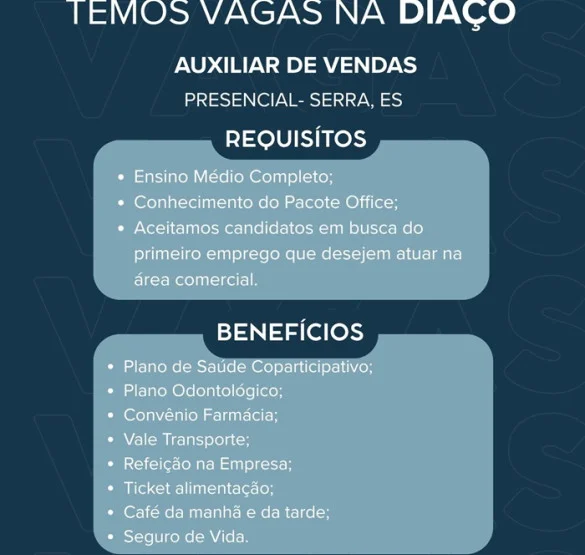 DIAÇO Distribuidora de Aço contrata Auxiliar de Vendas
