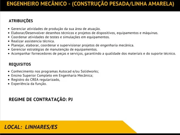 A. Madeira contrata Engenheiro Mecânico - (Construção Pesada/Linha Amarela)
