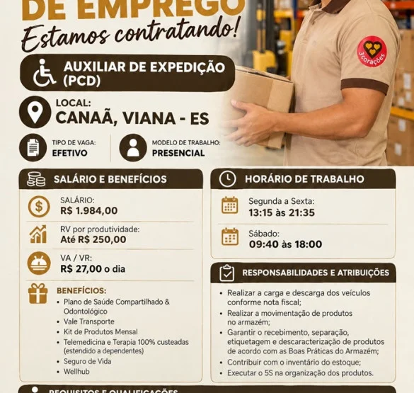 Auxiliar de Expedição (PCD) – Canaã, Viana - ES
