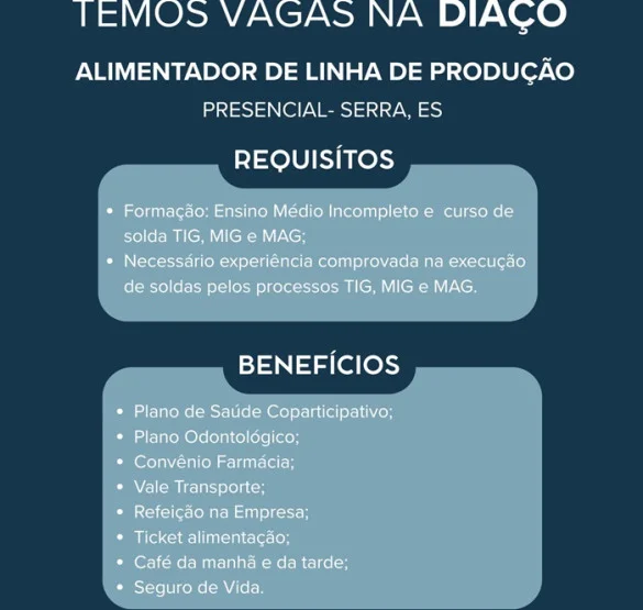 DIAÇO contrata Alimentador de Linha de Produção