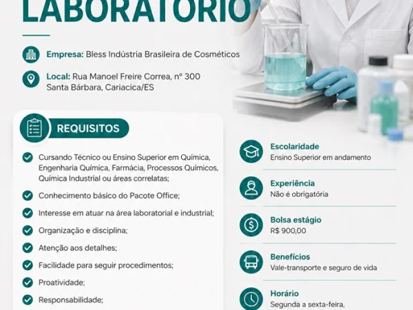 Bless Cosméticos contrata Estagiário de Laboratório