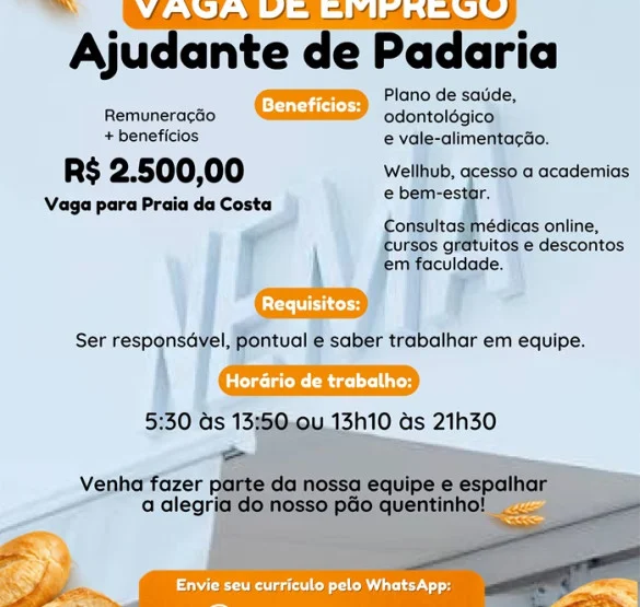Vaga para Ajudante de Padaria | Praia da Costa