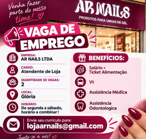 AR NAILS CONTRATA ATENDENTE DE LOJA