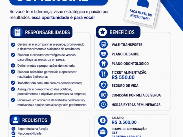 Vaga para Gerente Comercial