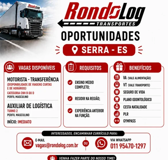 RondoLog Transportes contrata Motorista e Auxiliar de Logística