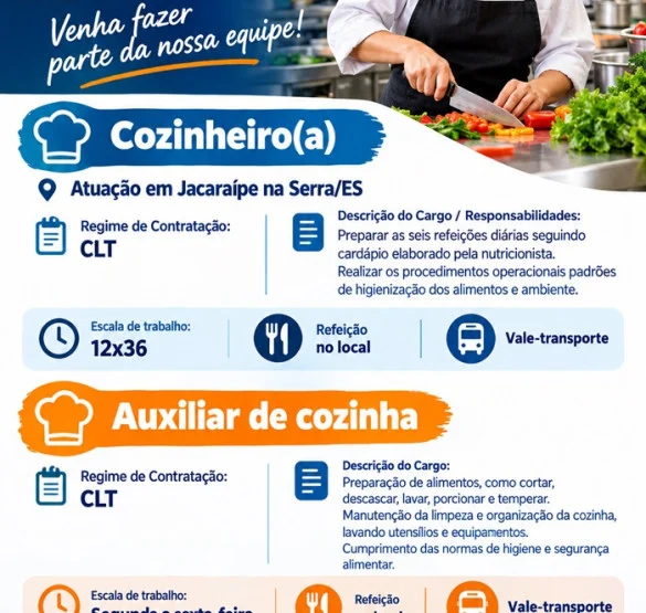 Vagas para Cozinheiro(a) e Auxiliar de Cozinha