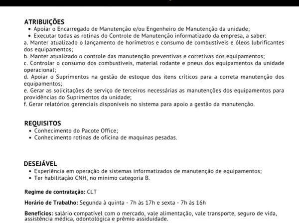 A. Madeira contrata Controlador de Manutenção | Barra de São Francisco/ES