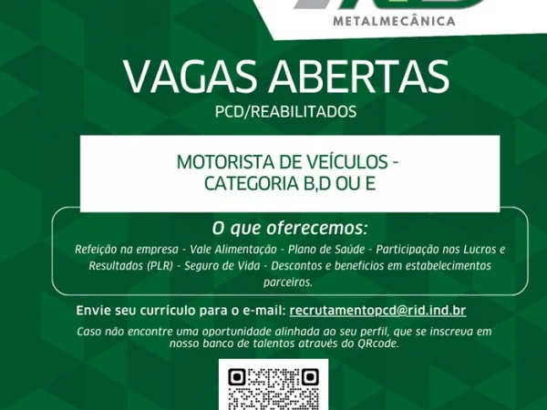MOTORISTA DE VEÍCULOS - CATEGORIA B,D OU E | PCD/REABILITADOS