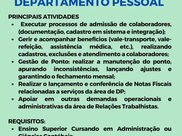 Vaga para Assistente de Departamento Pessoal