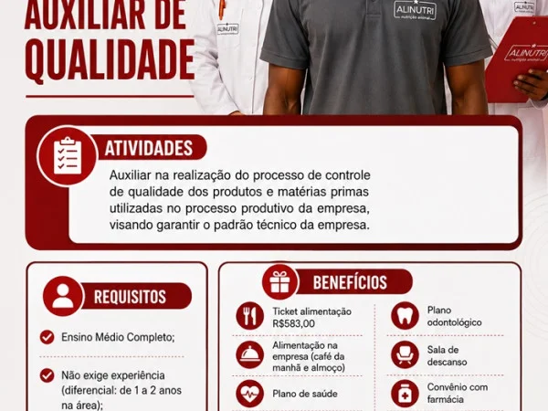 Grupo Alinutri contrata Auxiliar de Qualidade